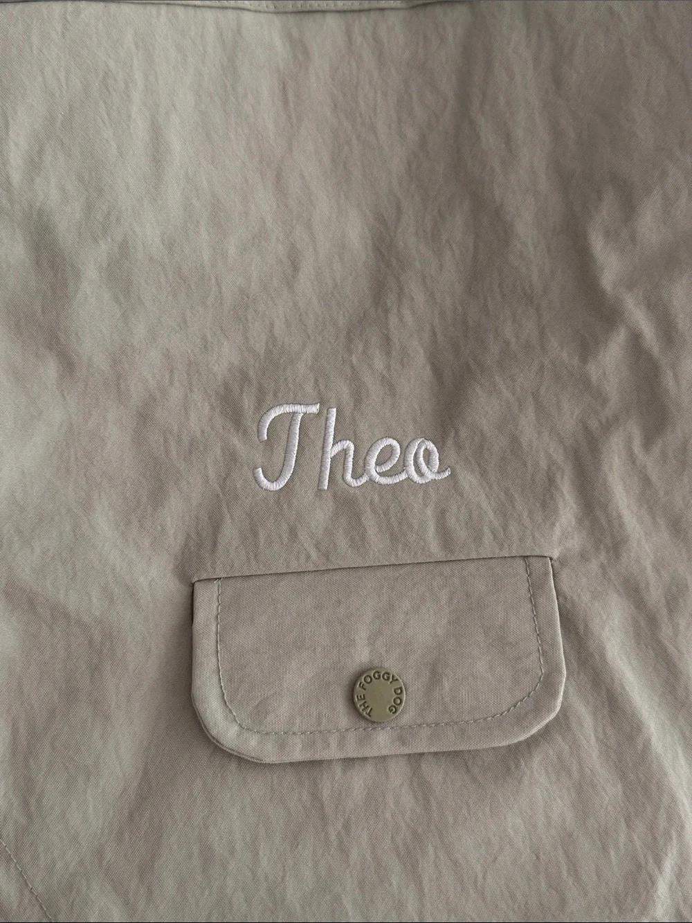 THE FOGGY DOG | Sage Raincoat | Size: Small | Embroidered “Theo”